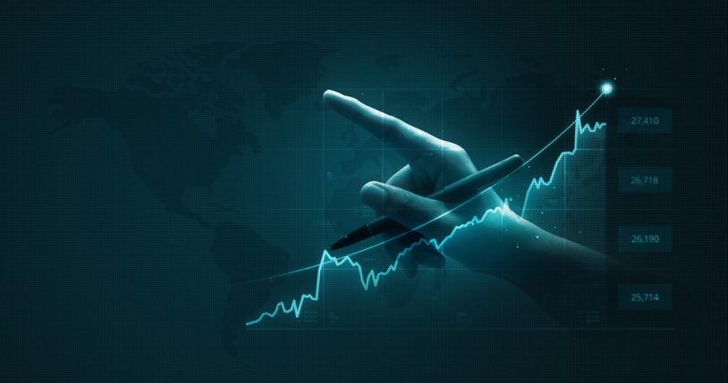 Hand pointing to graph line
