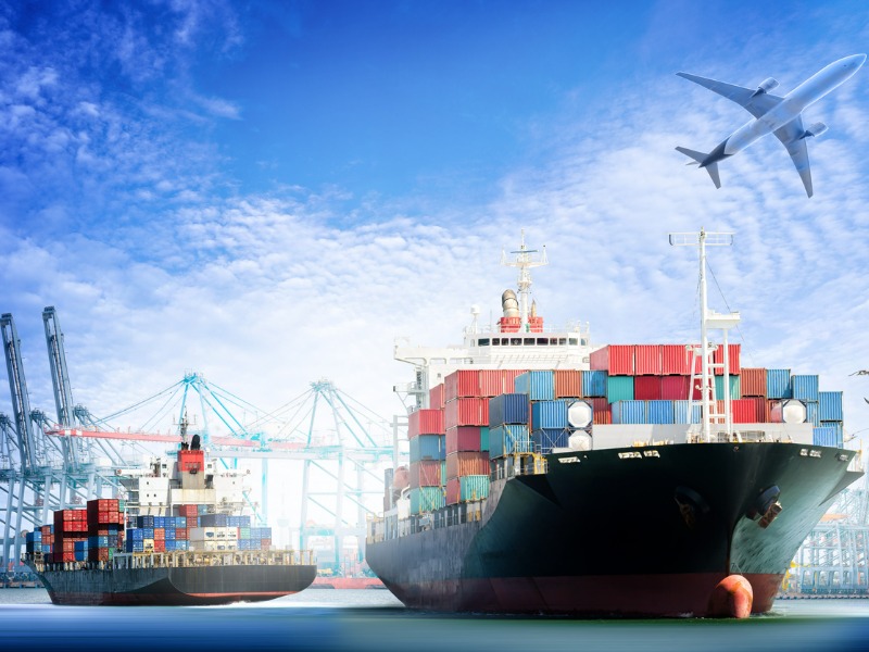 Container Cargo ship and Cargo plane with working crane