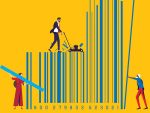Businesspeople mowing overgrown bar code, concept of rebranding