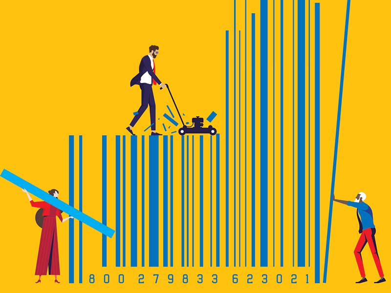 Businesspeople mowing overgrown bar code, concept of rebranding