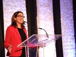 Mélissa Gilbert of Beneva speaks at the Top des leaders in Montreal on Feb. 13, 2023