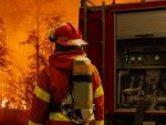 Firefighter extinguishing wildfire with fire truck