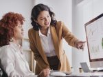 Businesspeople monitoring corporate statistics